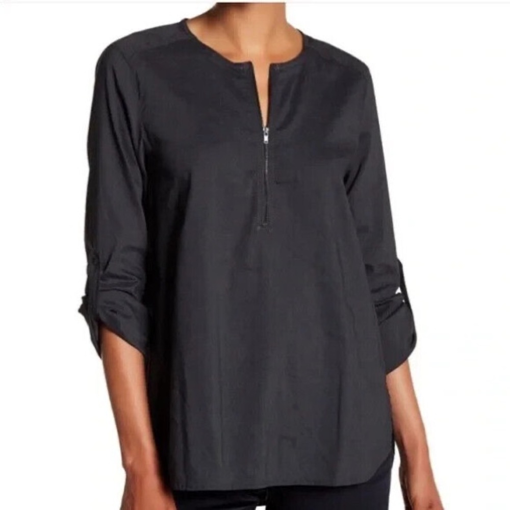 Eileen Fisher Black Zip-Neck Tunic Blouse